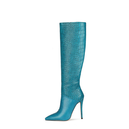 Women's High Gloss Crocodile Print Stiletto Boots Silent