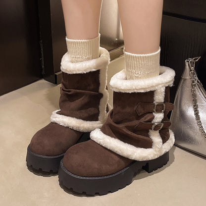 Women's Brown Suede Snow Boots Paired With White Fluffy Thick-soled Martin-style Short Boots, Comfortable Winter Ankle Boots With Sparkling Outfit And Creative Design