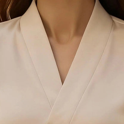 Women's Elegant V-Neck Blouse, Solid Color Shiny Finish Long Sleeve Dress Shirt For Office And Casual Wear