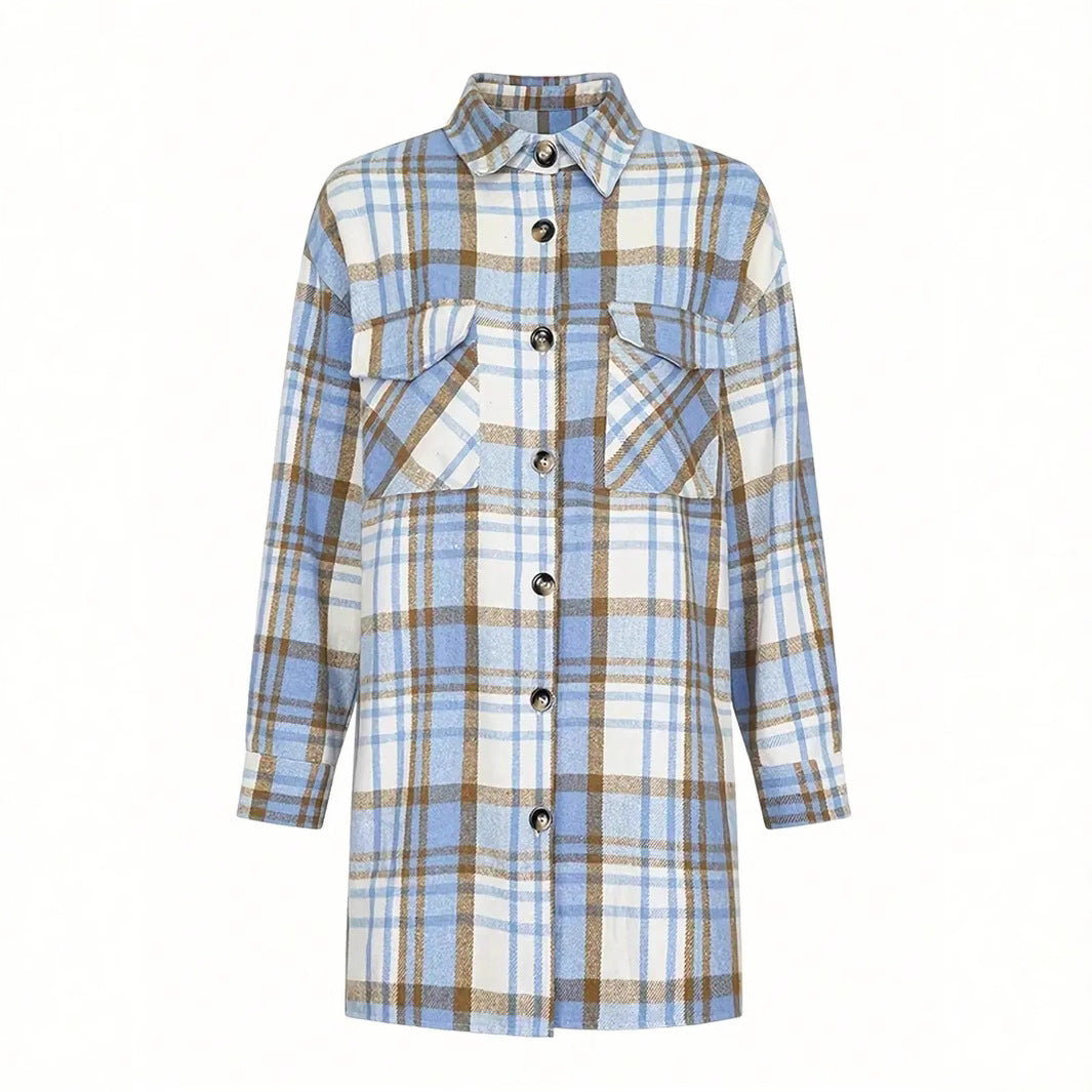 Women's Lapel Plaid Pocket Long Sleeve Shirt Jacket