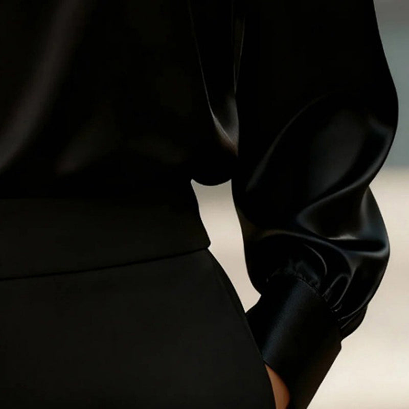 Women's Elegant V-Neck Blouse, Solid Color Shiny Finish Long Sleeve Dress Shirt For Office And Casual Wear