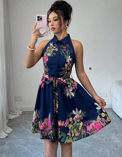 Women's Casual Printed Waist-Cinching Halter-Neck Lace-Up Dress