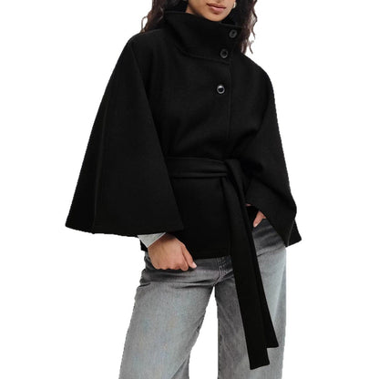 Winter High Neck Batwing Sleeve Coat With Belt Fashion Loose Elegant Button Top Trench Coat For Women Clothing