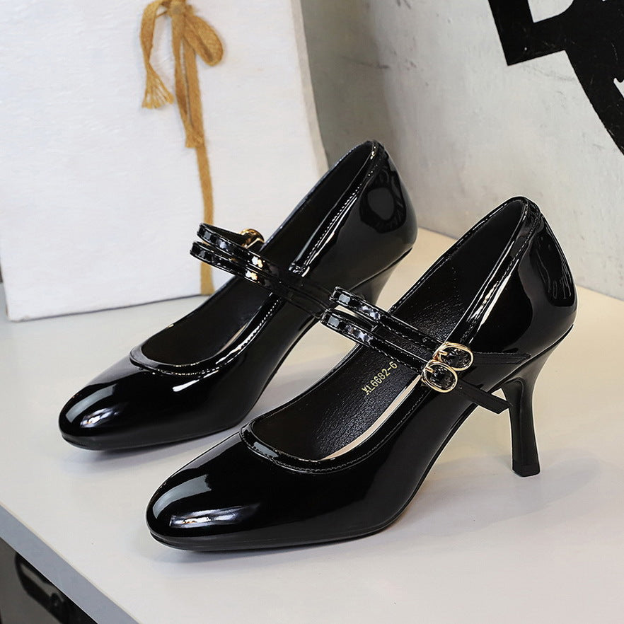 Slender Heel Round Toe Shallow Double Buckle Gentle Jk With Skirt Mary Jane Shoes