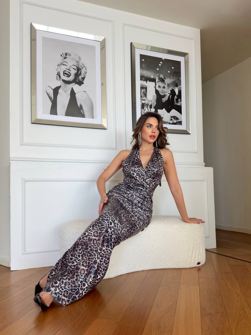 Animal print back show long women dress