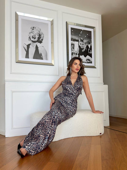 Animal print back show long women dress