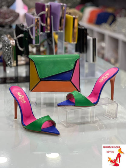 Levy multi coloured women shoe and bag set